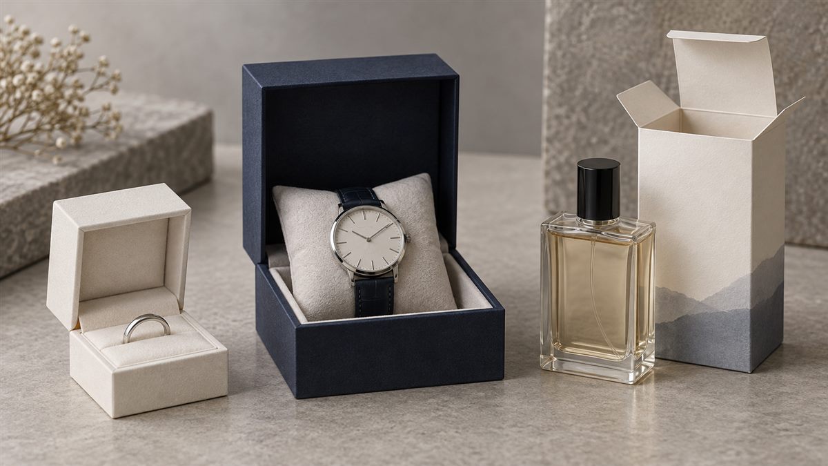 Ring, watch and perfume packaging with different interior needs