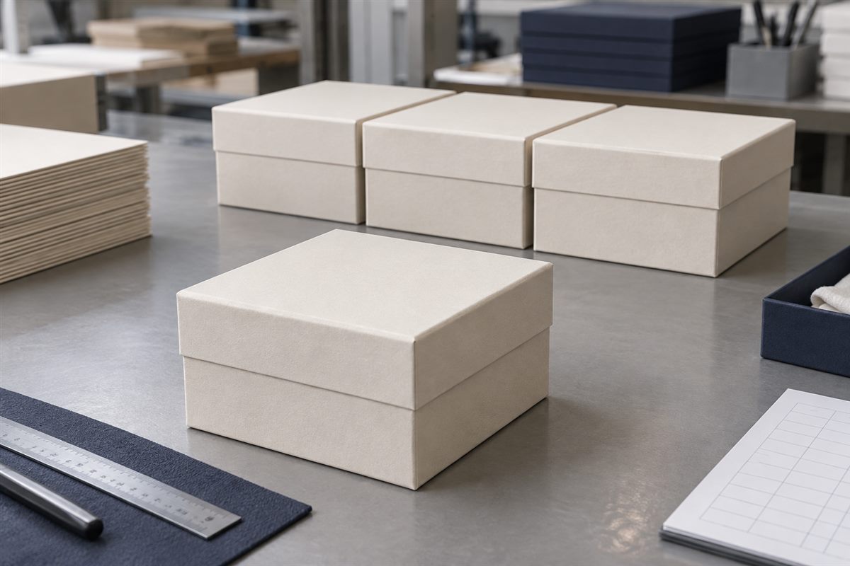 Reference box beside matching boxes on an assembly bench
