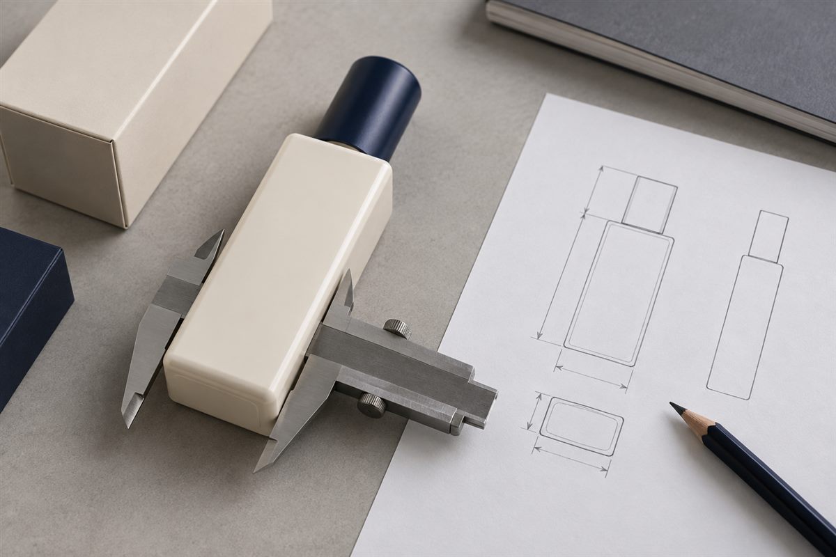 Caliper and product sketch used to review bottle dimensions