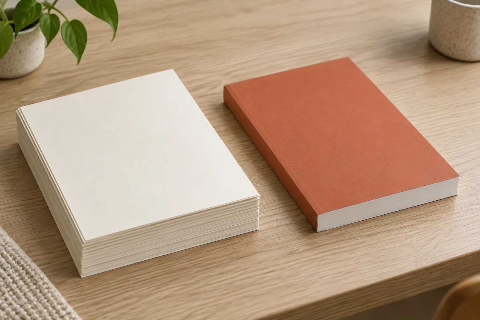 Loose ivory page block beside a plain terracotta softcover book
