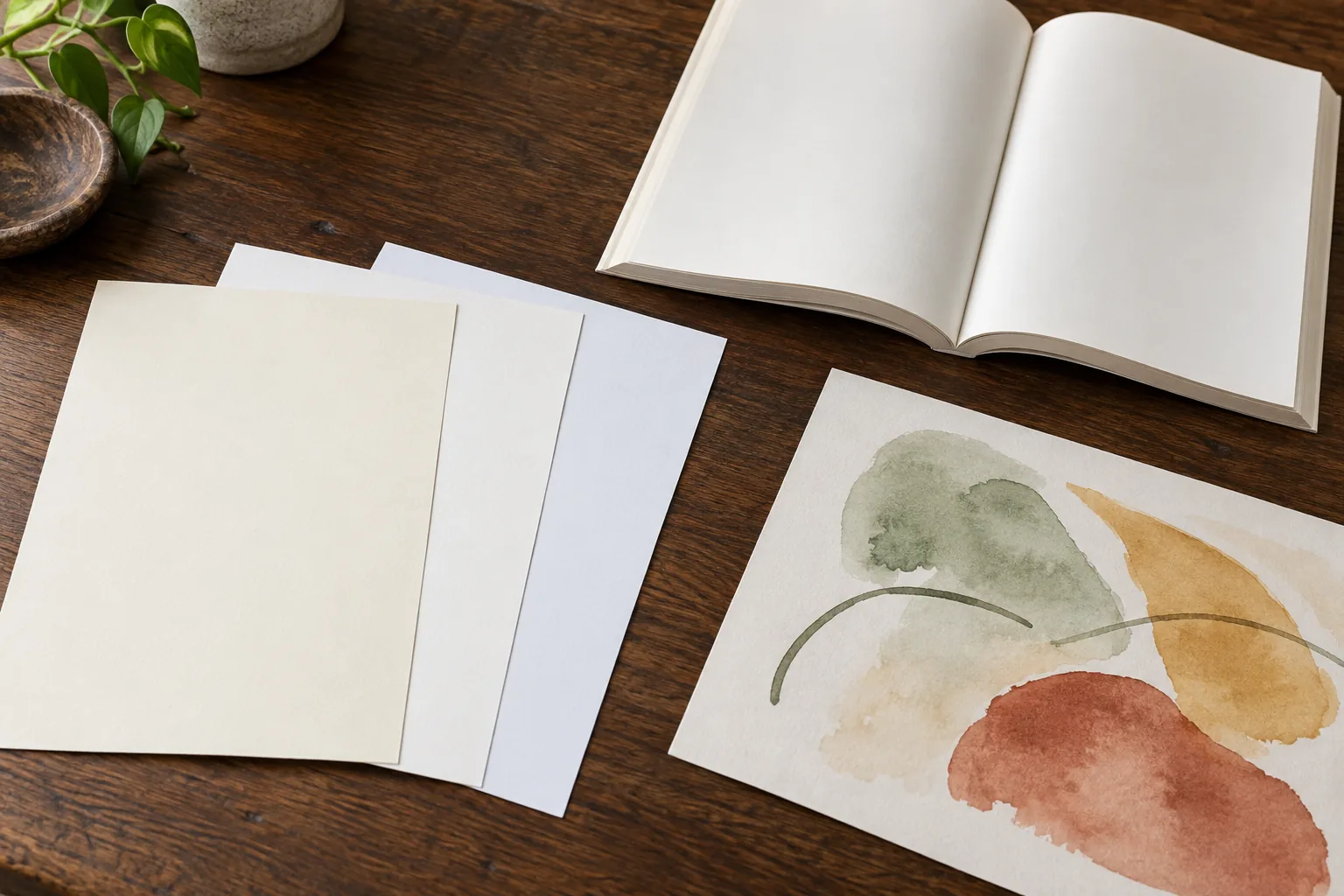 Blank paper shades beside an open book and an abstract color print sample