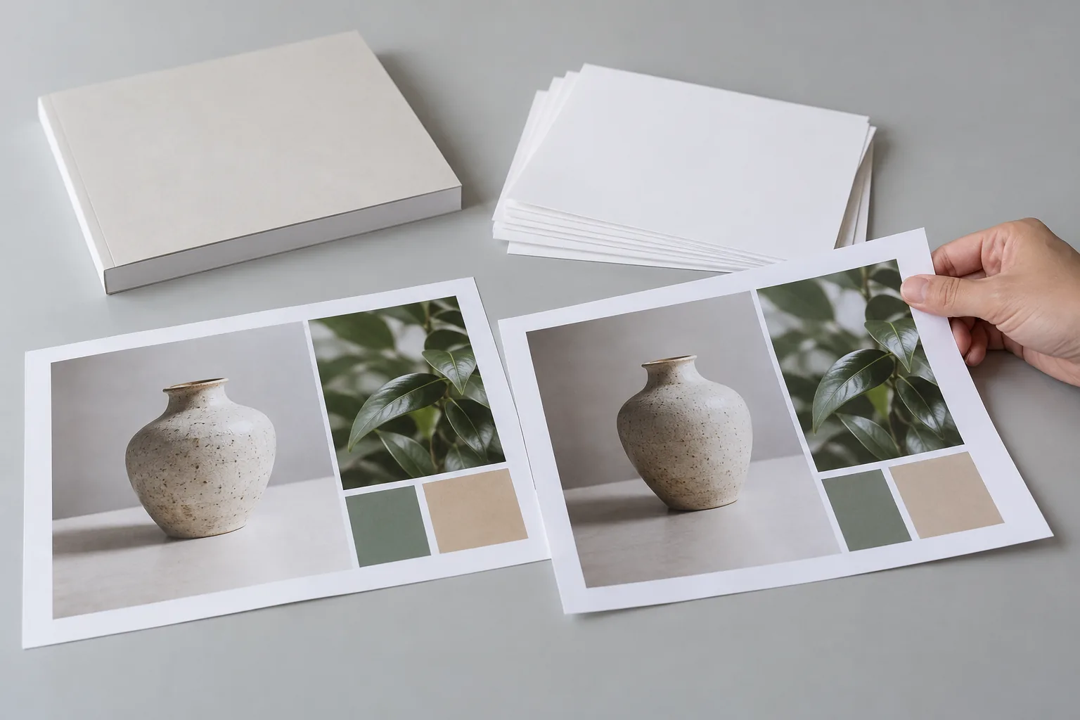 A bound dummy, loose paper swatches, and printed image proofs on a sample table