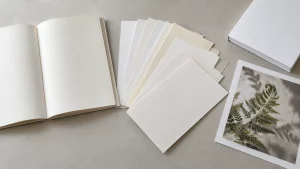 Book paper swatches beside an open reading dummy and a photographic print