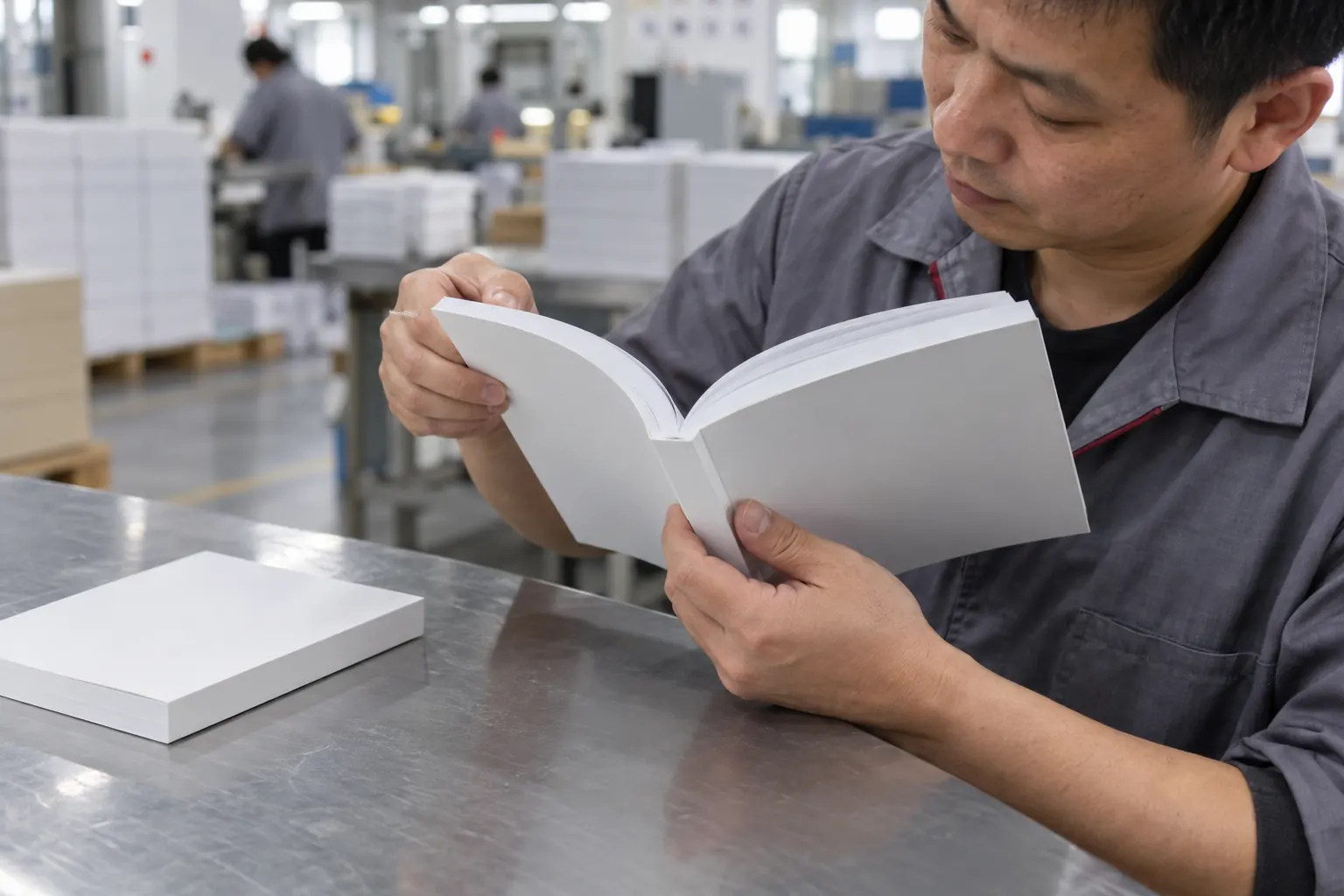 Technician checking the gutter and page retention of a perfect-bound paperback sample