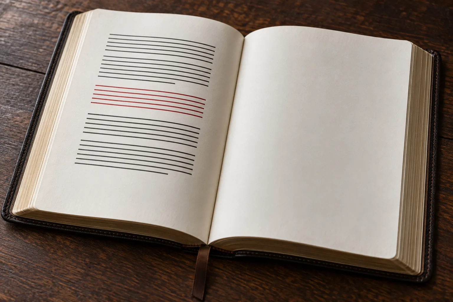 Open blank book with black and muted red abstract ruled marks