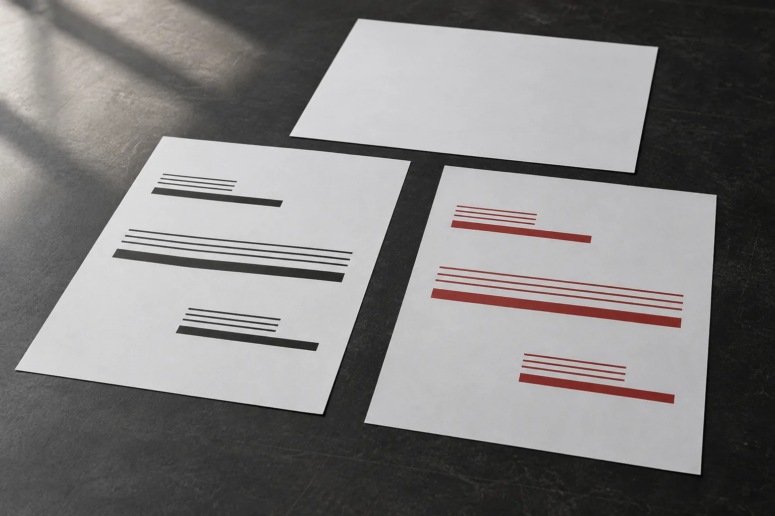 Three ivory paper swatches printed with matching muted red patches