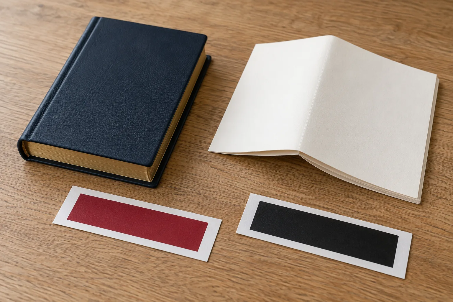 Plain Bible dummy, folded blank pages and separate red and black color strips