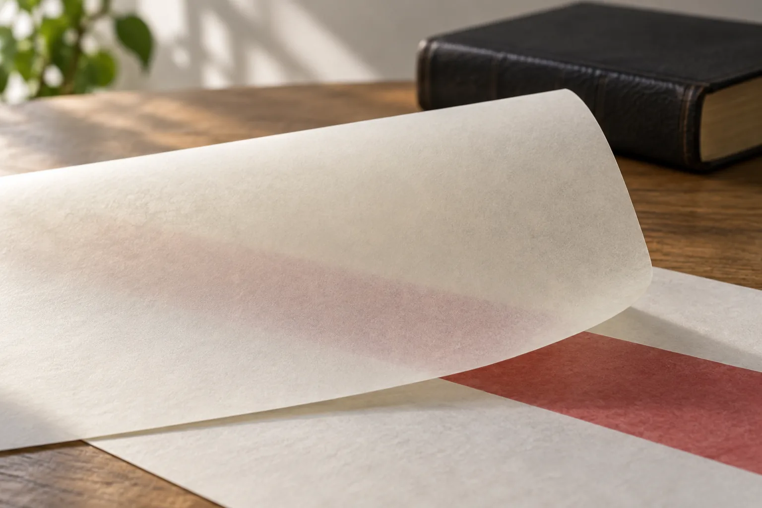 Muted red patch faintly visible beneath a thin blank ivory sheet