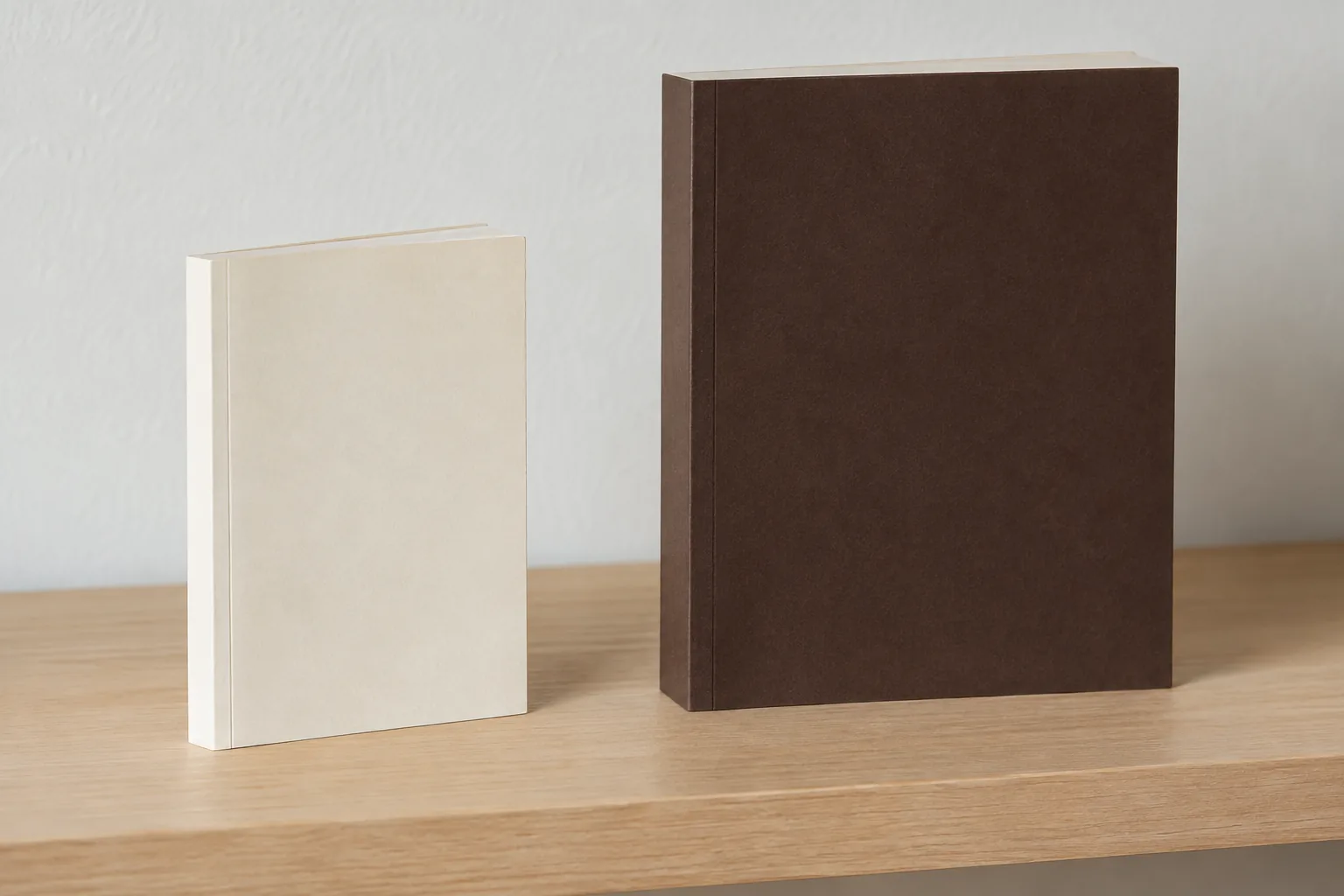 Slim cream paperback beside a larger thick brown softcover book