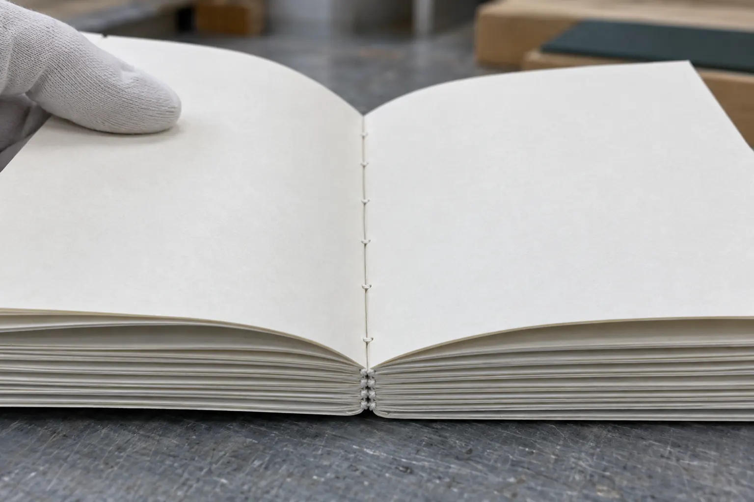 Thread stitches passing through the center fold of a section-sewn book signature