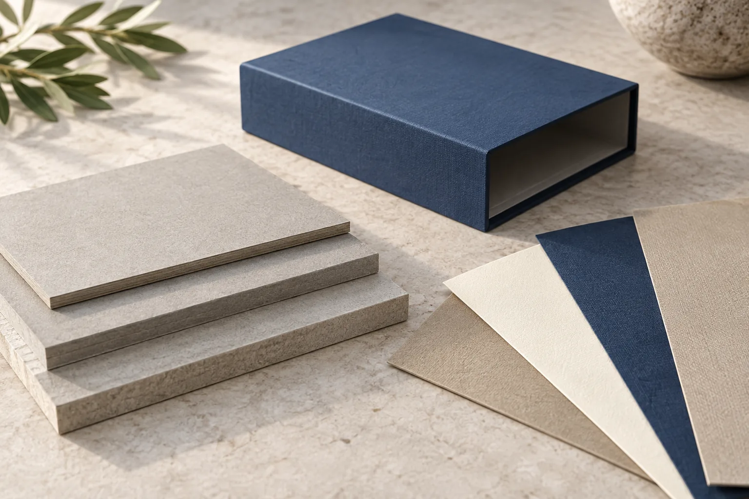 Gray bookboard panels and covering-paper swatches beside an empty slipcase