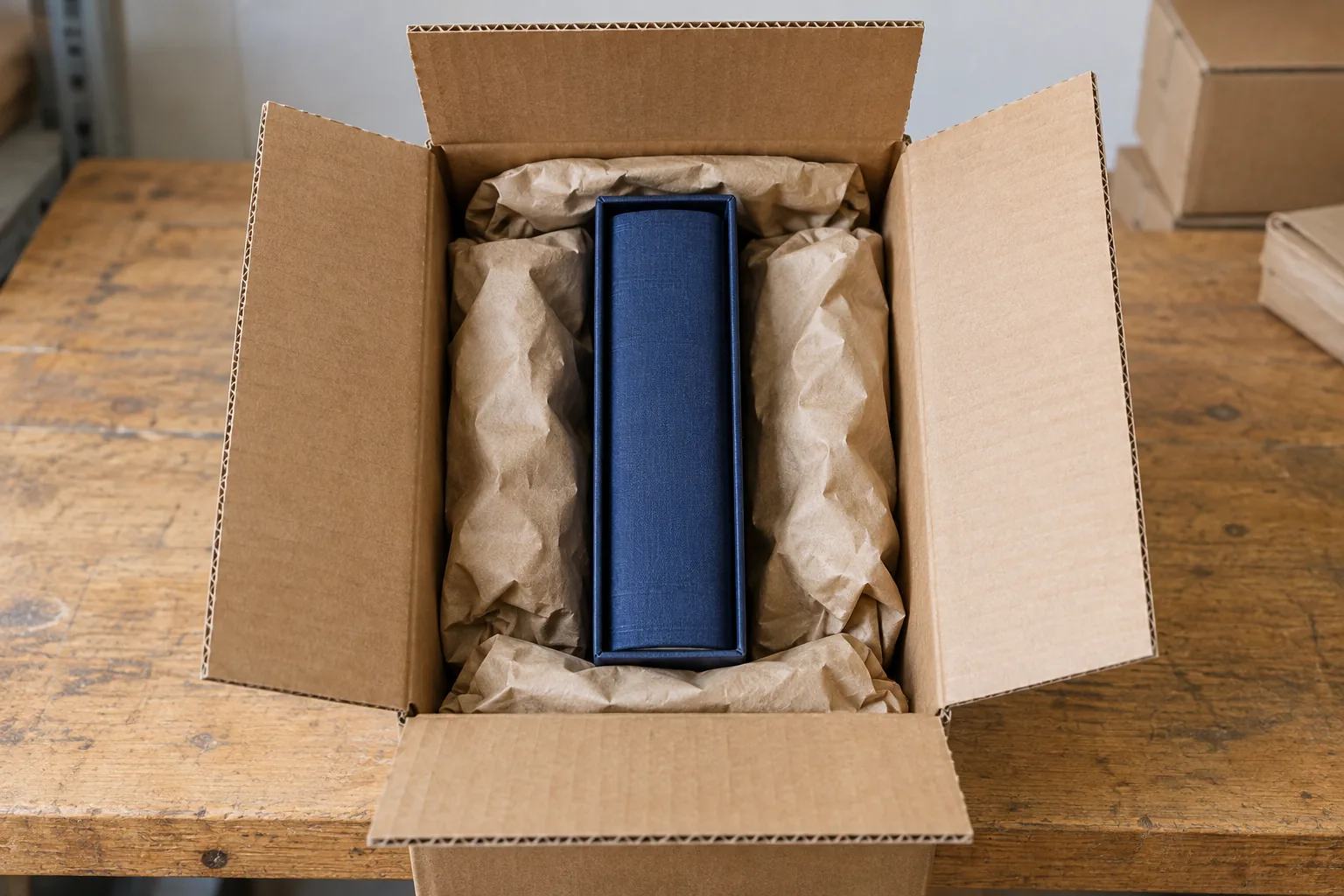 Blue slipcase holding a book inside a padded corrugated outer carton