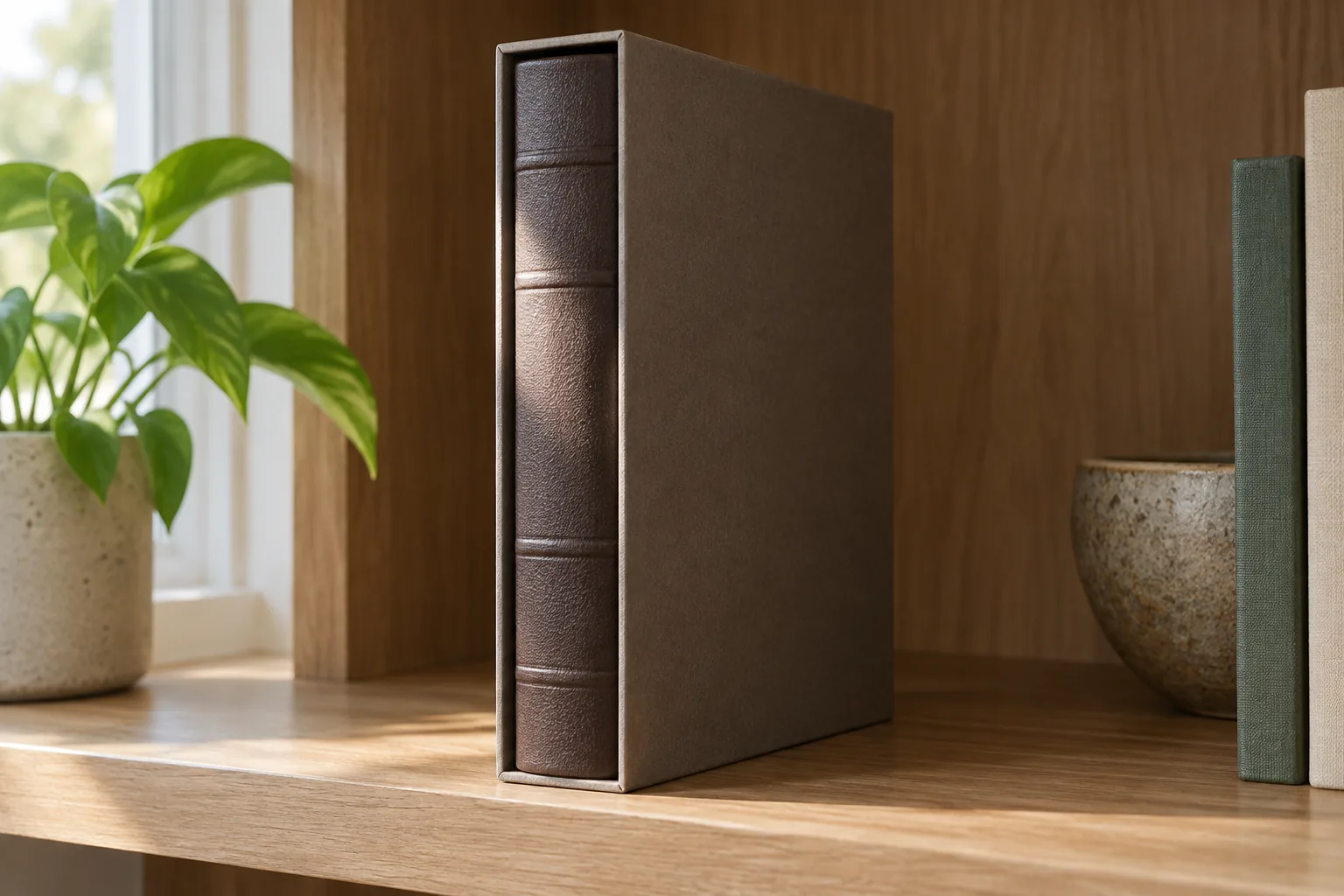 A plain book spine visible through the open side of an upright slipcase