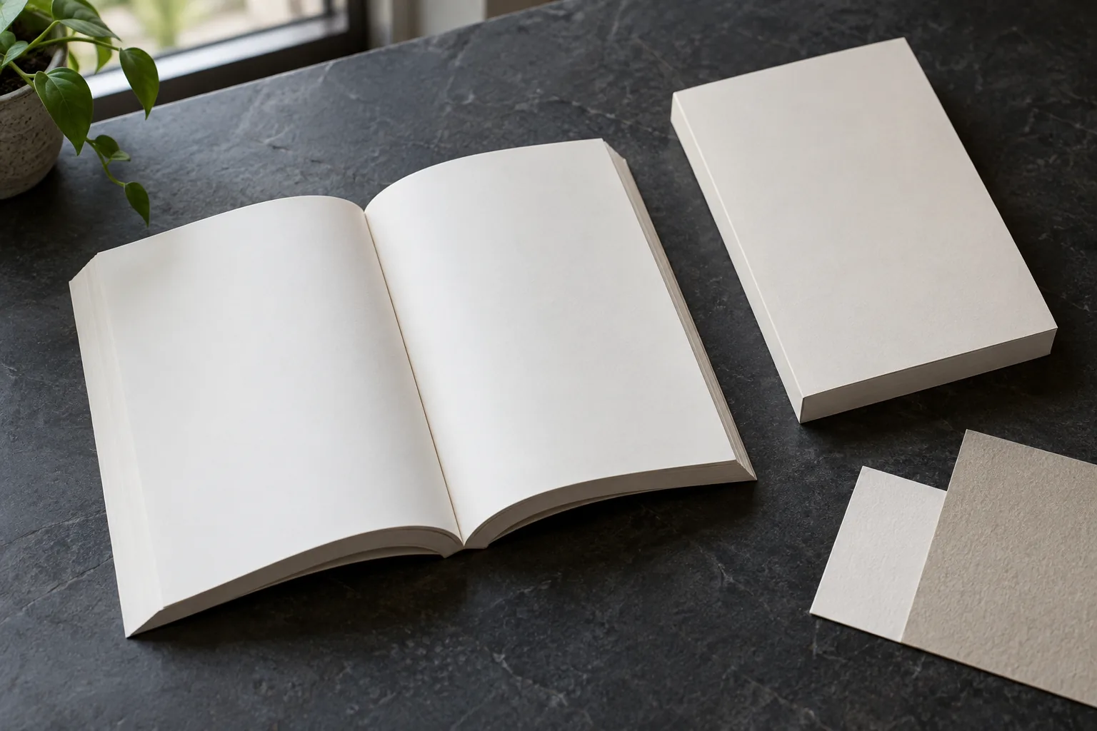 Open and closed plain paperback samples beside paper and cover swatches