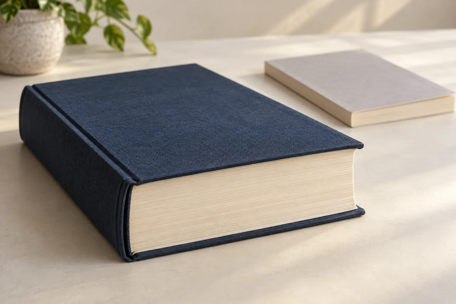 Thick navy cloth hardcover with visible page block and a slimmer softcover sample