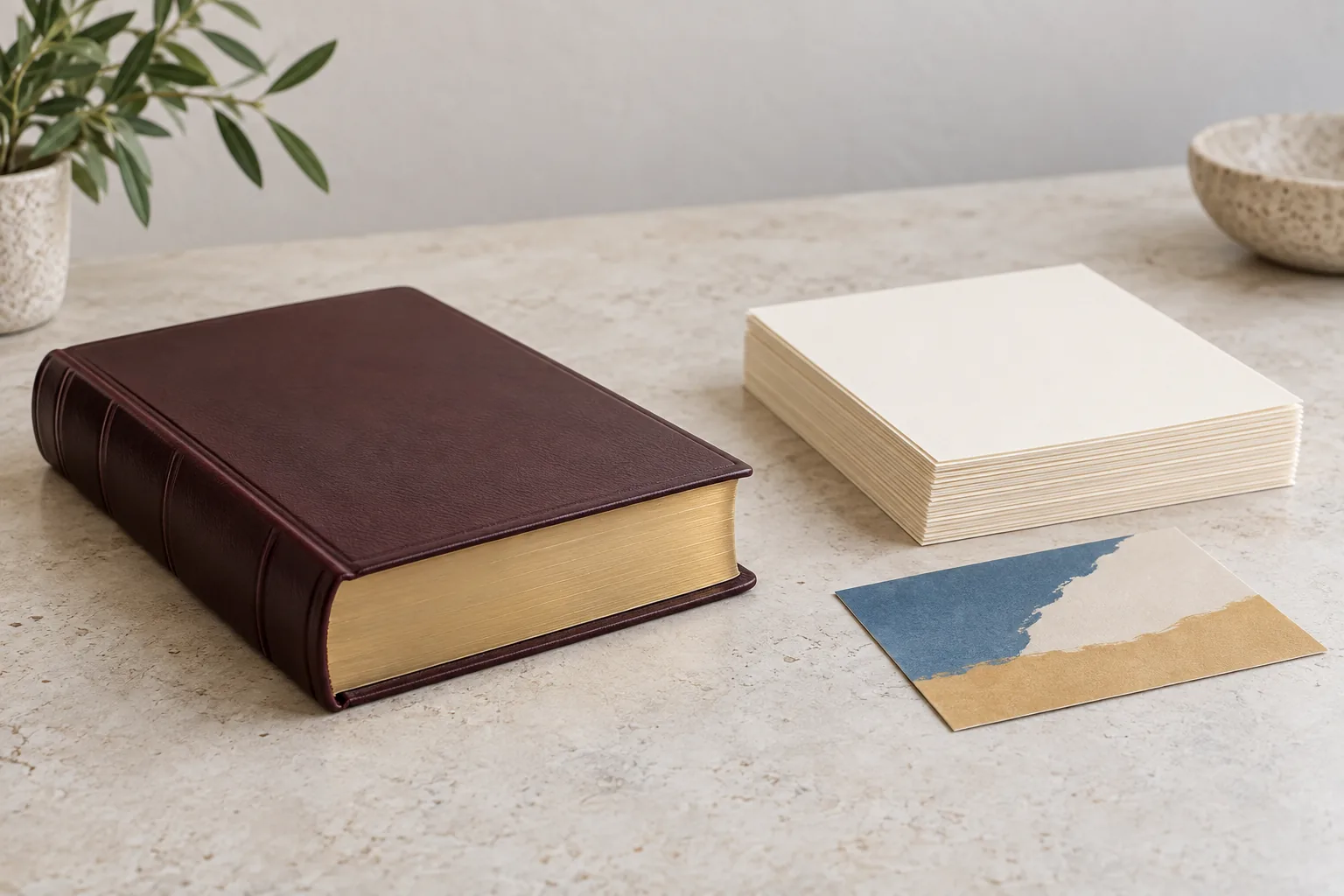 Closed burgundy Bible dummy beside blank supplemental pages and color proof