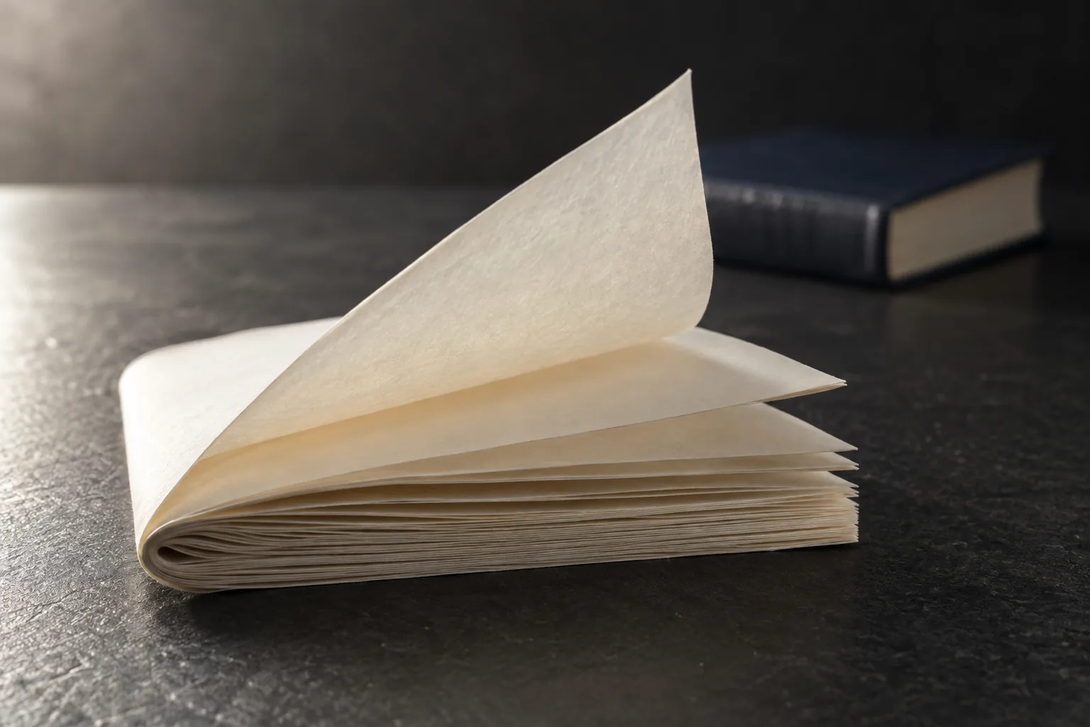 A loose folded section of thin ivory paper in front of a closed blank book