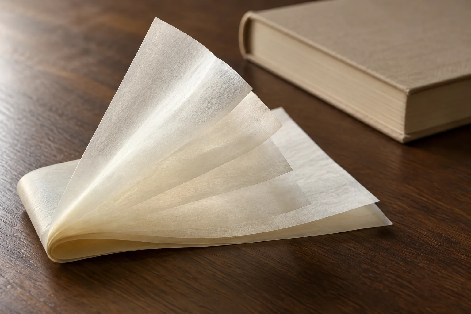 Loose thin ivory pages fanned beside a closed reference book
