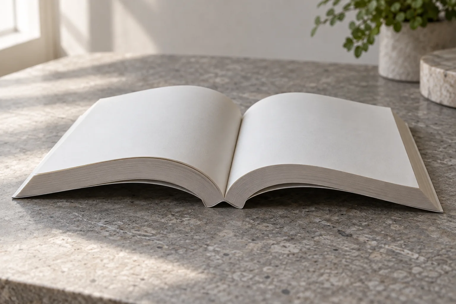 Fan of blank ivory paper samples beside a closed navy paperback