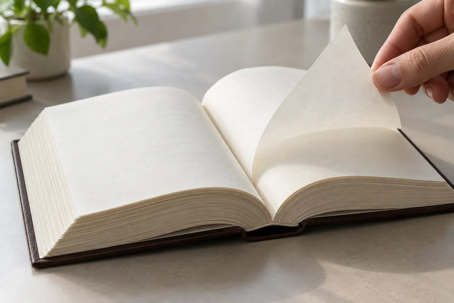 A thin ivory page being turned in a thick blank reference book