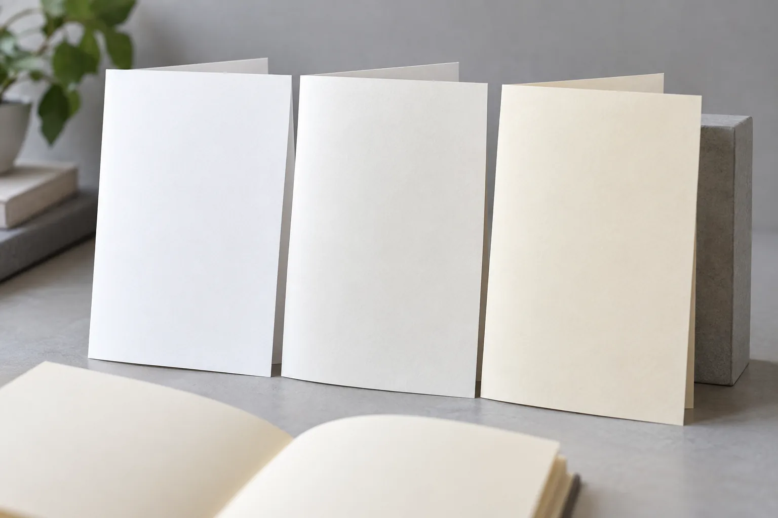 White and pale cream folded paper samples under the same light