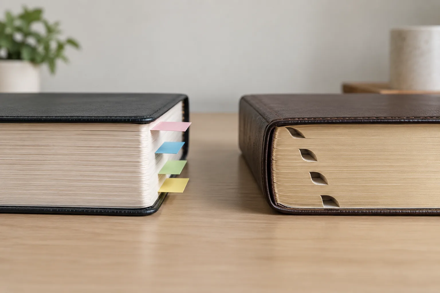 Closed Bibles showing colored adhesive tabs on one page block and cut-in thumb notches on the other