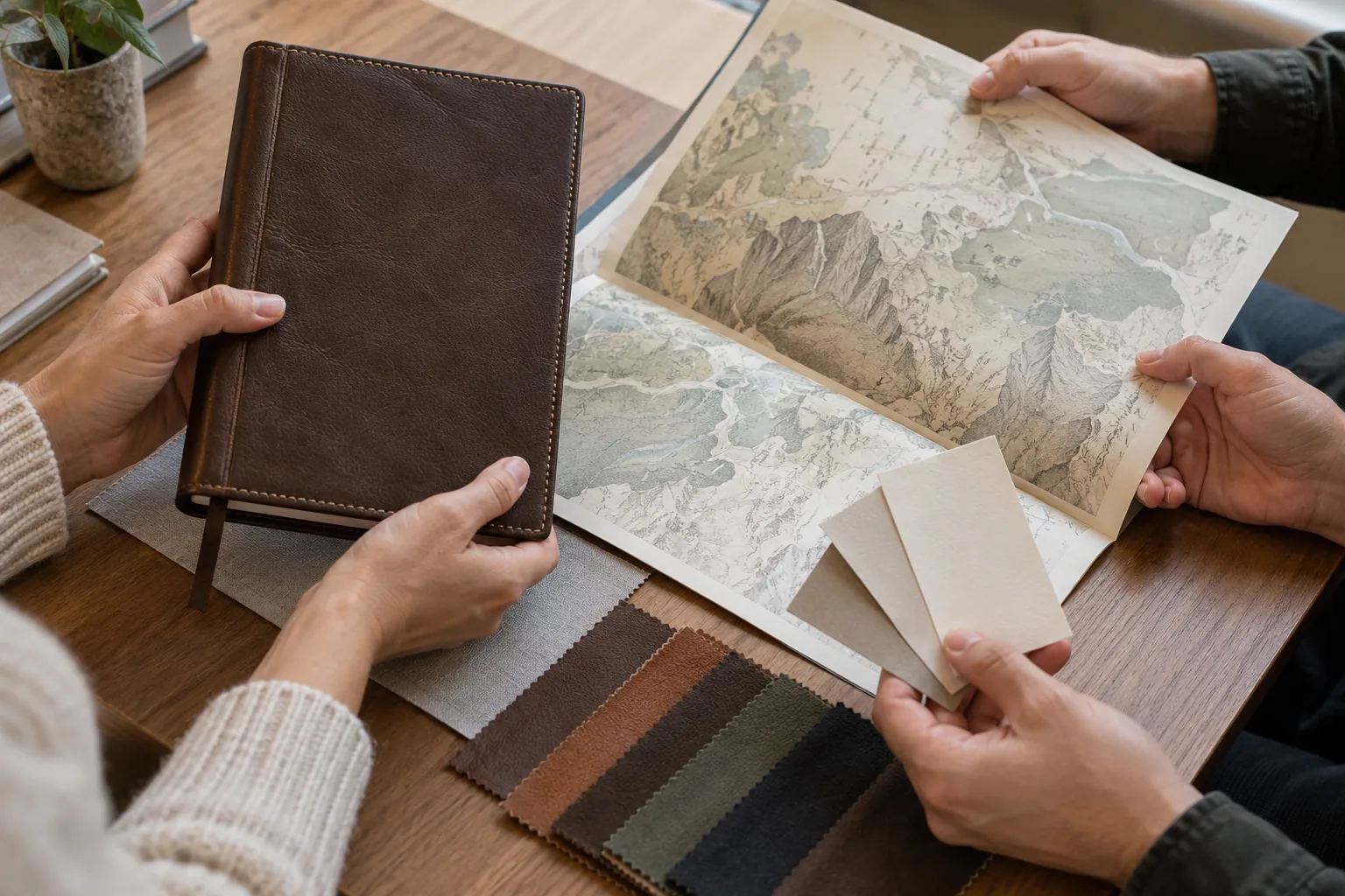 Hands reviewing a closed brown Bible, map proofs, and cover-material swatches on a table