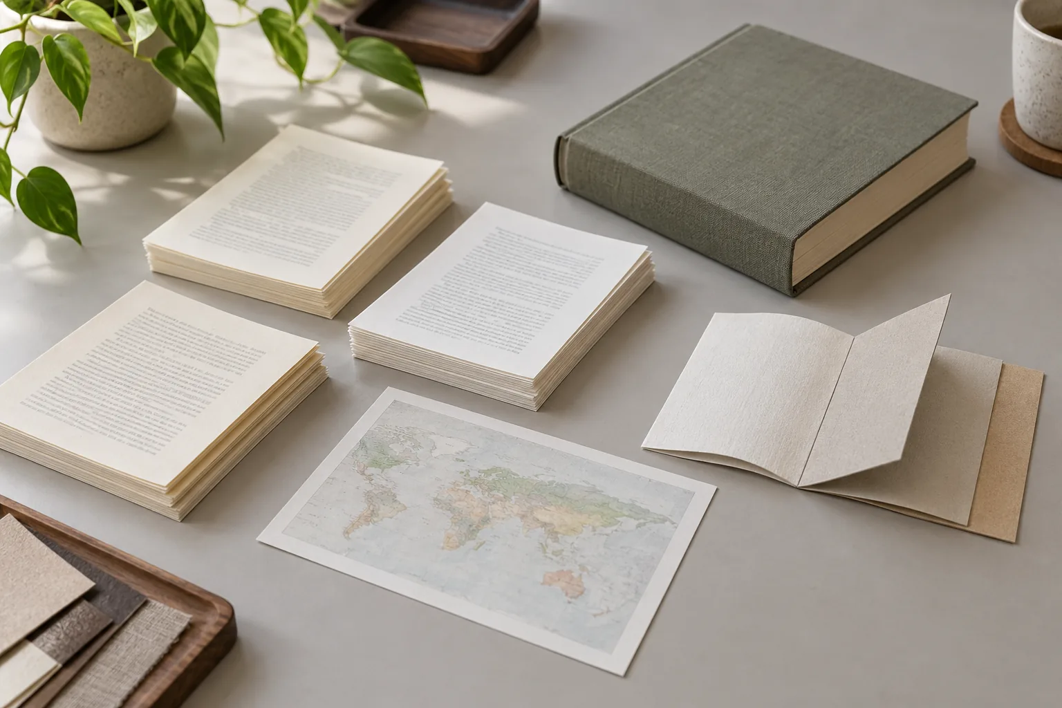 Paper sample kit with text-page stacks, a map sheet, folded paper, and a closed cloth-covered book