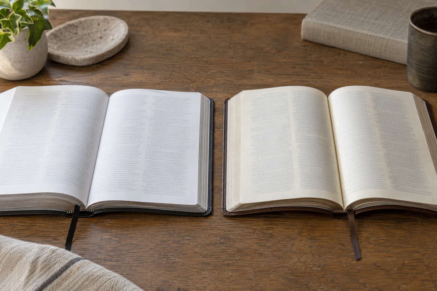 Two open blank Bibles with different page tones shown side by side on a wooden table