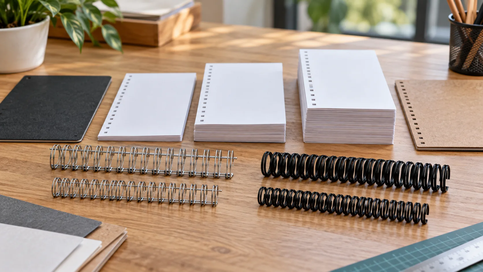 Different notebook page blocks beside Wire-O and plastic spiral binding elements