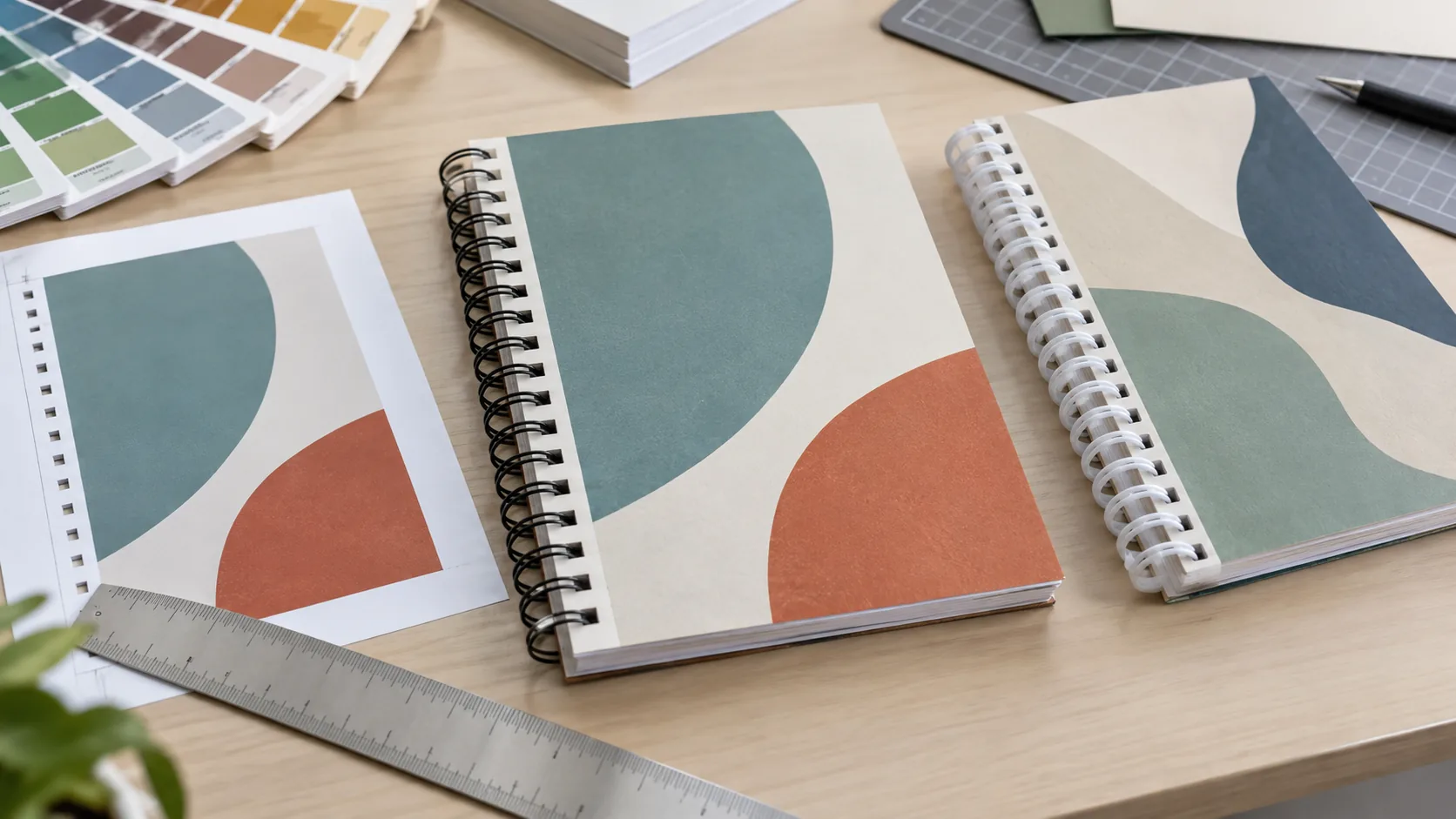 Notebook artwork proof and bound sample showing binding-side margins and holes