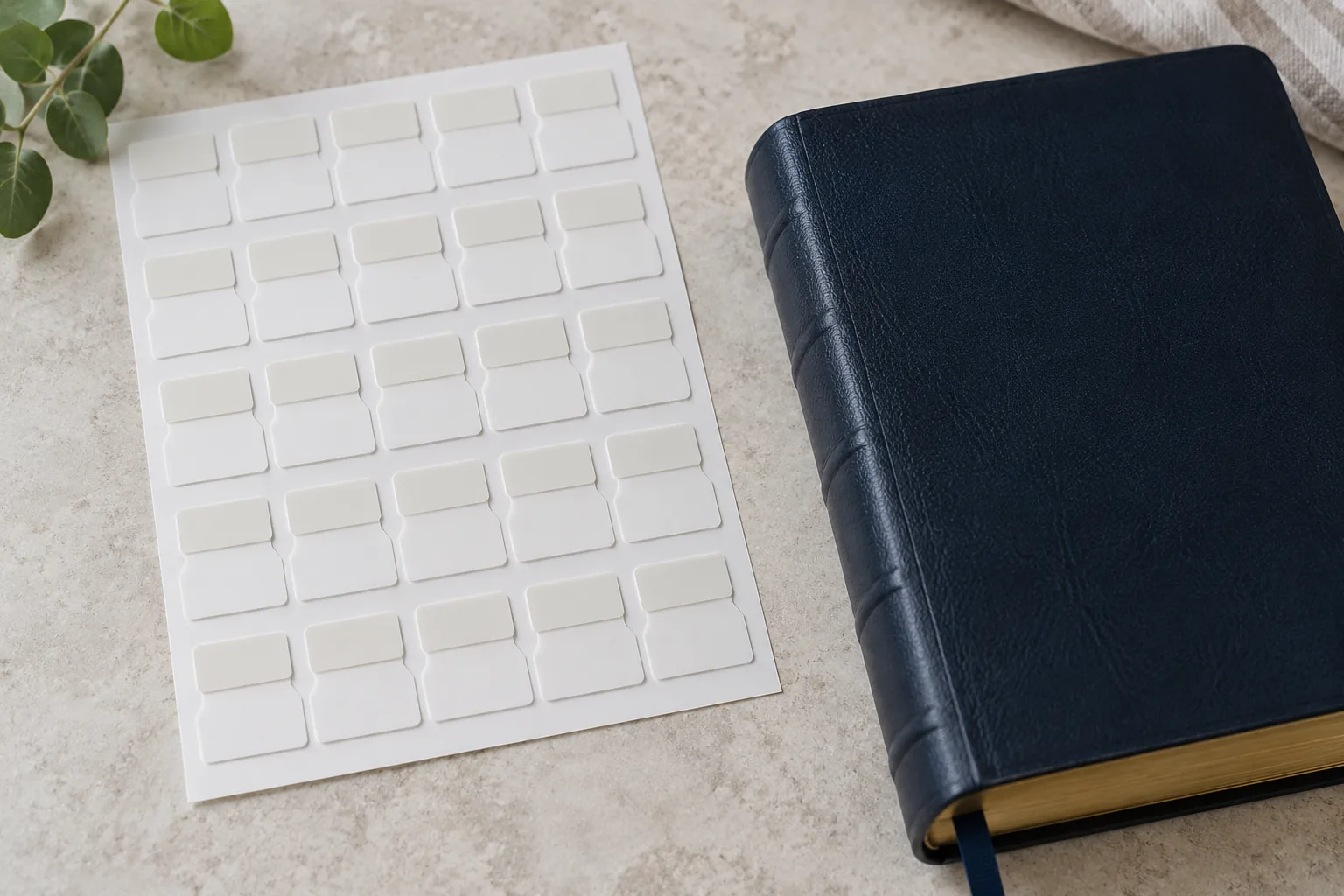 Blank peel-and-stick tab sheet beside a closed dark blue Bible