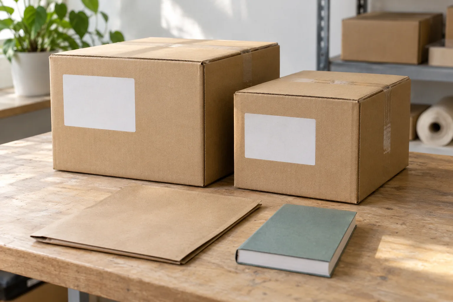 Two sealed cartons with blank white labels beside books and flat cardboard sheets