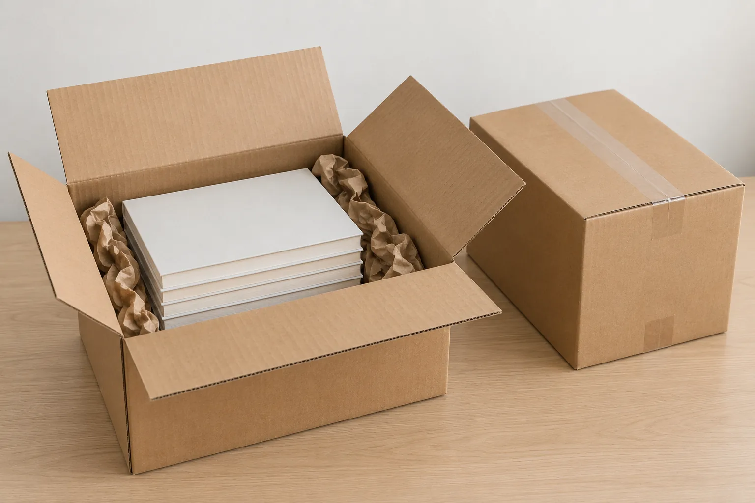 Open carton with a stack of blank books and crumpled paper beside a closed carton