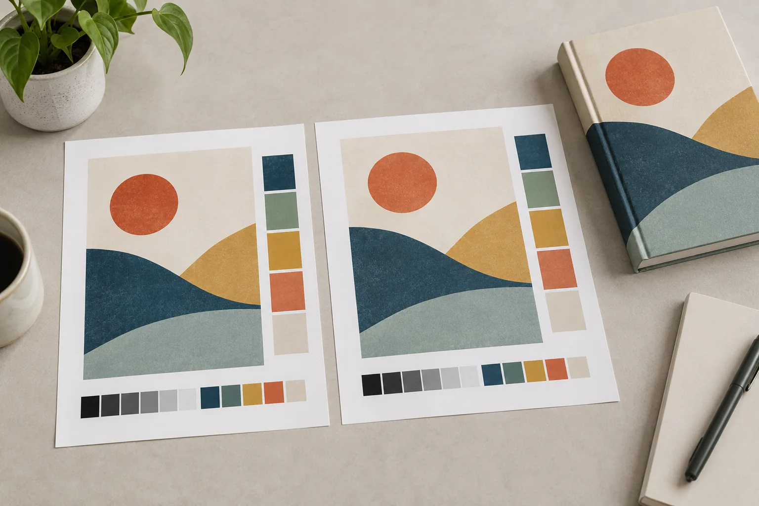 Two abstract color proof sheets with swatch strips beside patterned books