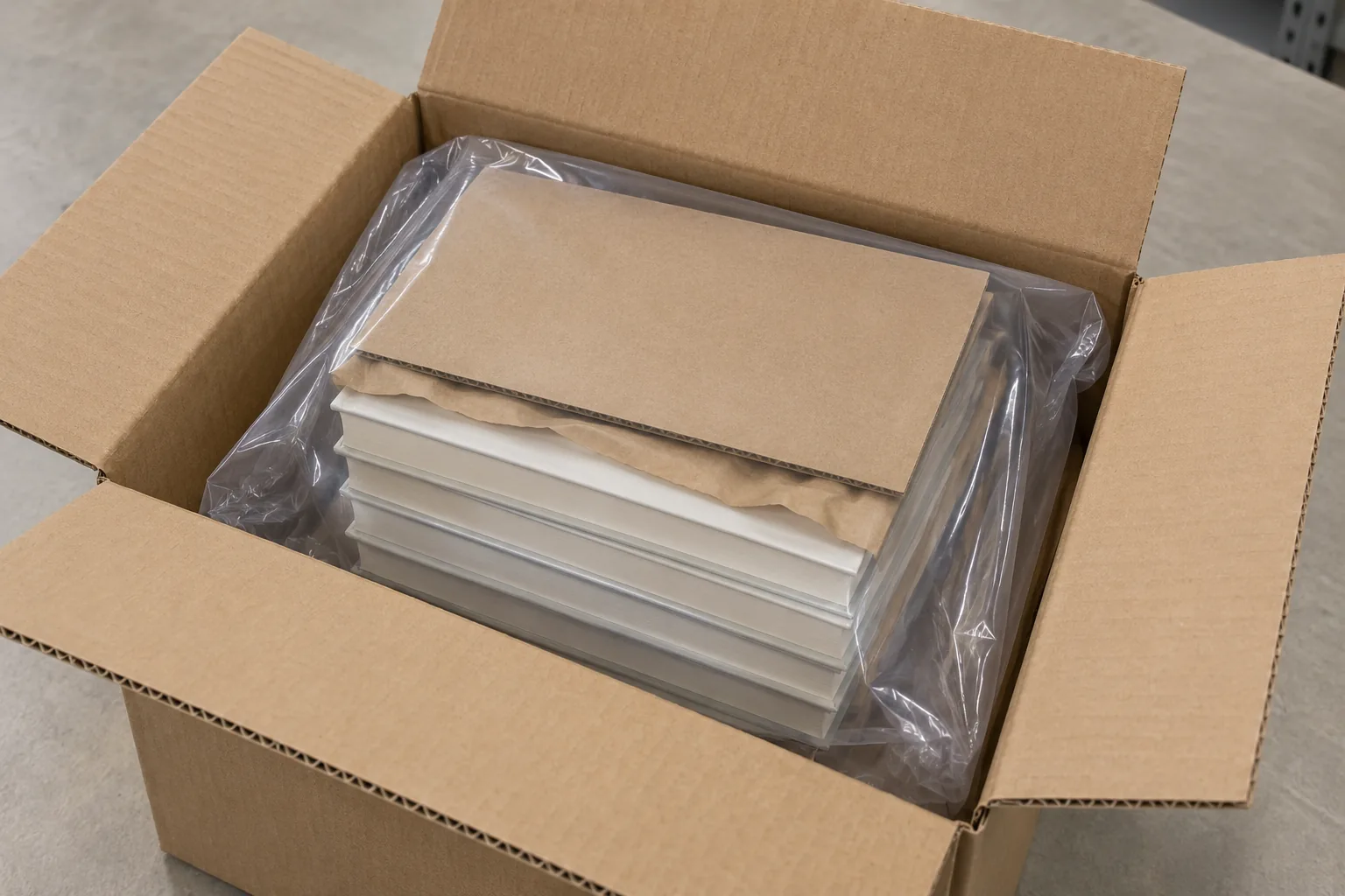 Open carton with stacked books inside a clear plastic liner and cardboard top layer