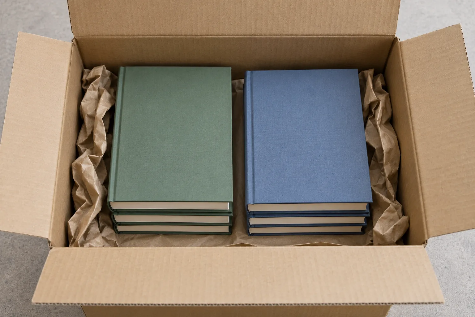 Open carton with two short piles of books lying flat on their covers, with kraft side fill
