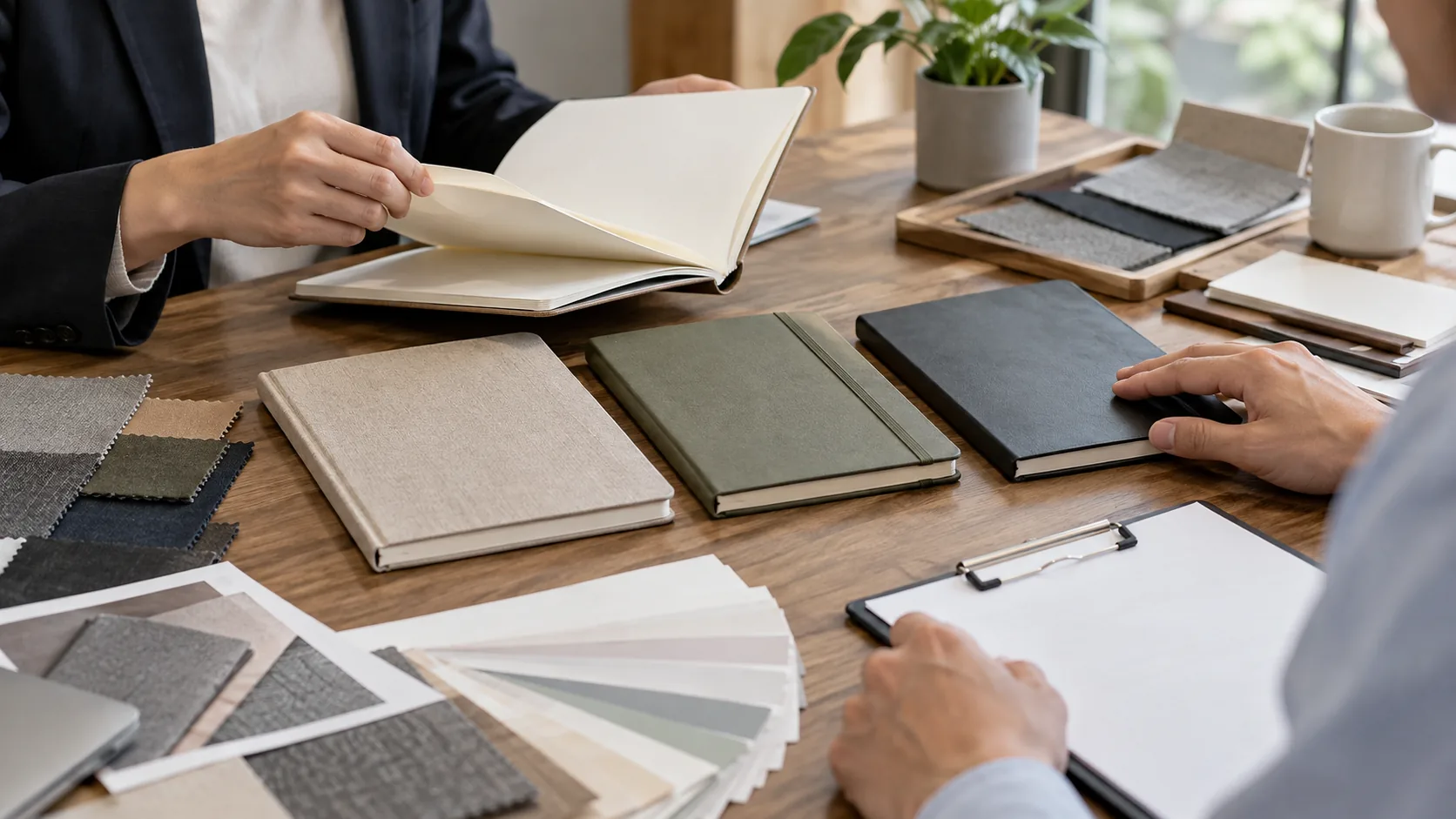 Procurement professionals comparing unbranded notebook samples and material swatches