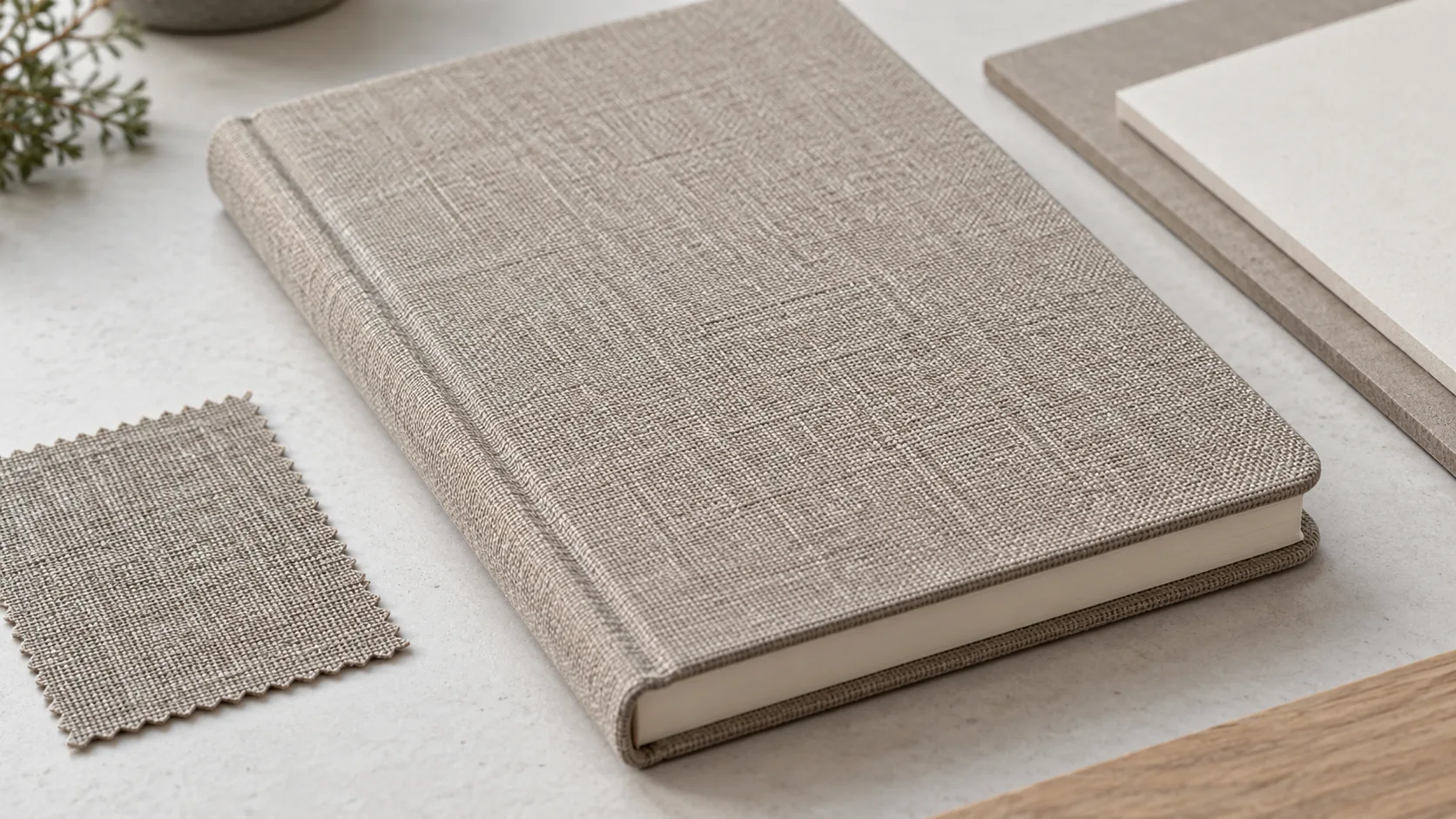 Textured cloth notebook cover sample with a clean wrapped spine and corners