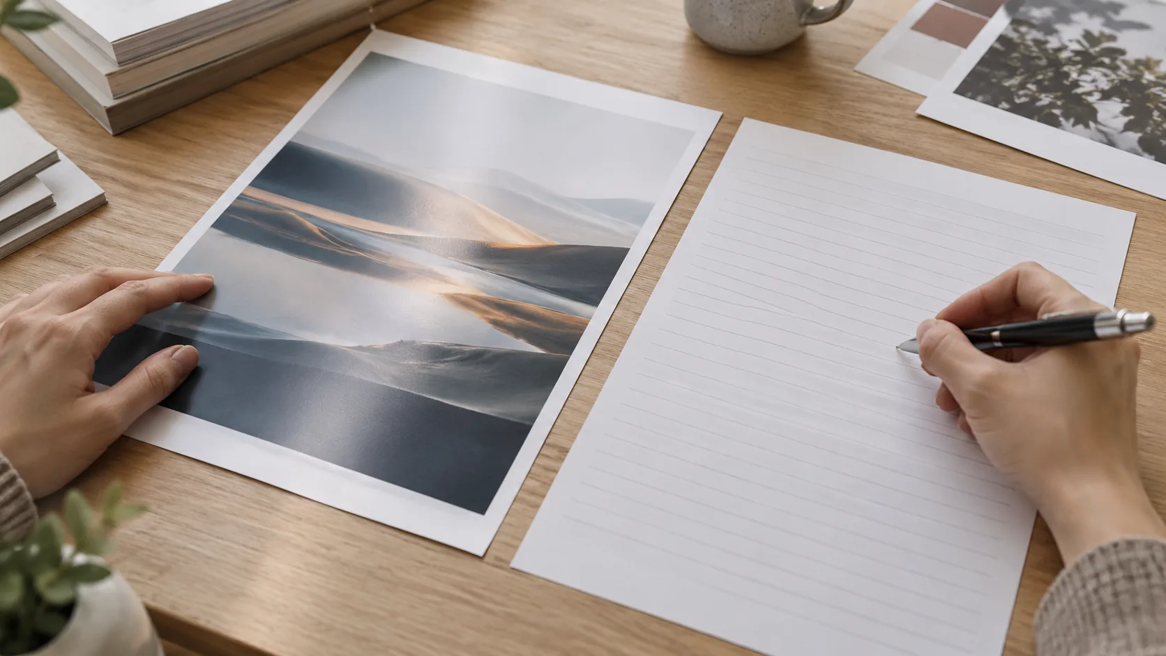 Printed image sample beside a writing test on notebook interior papers