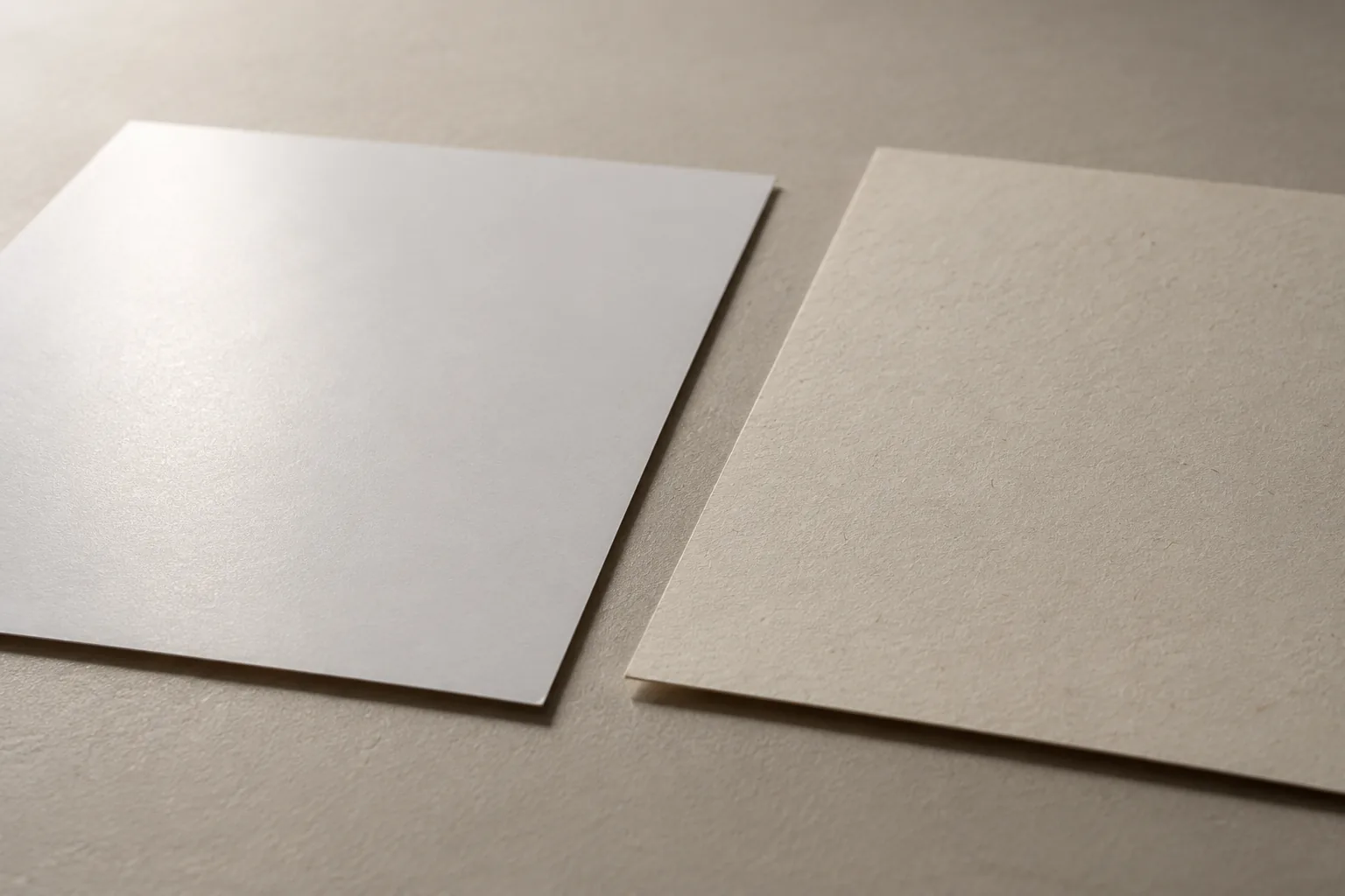 Two blank paper samples with smooth and textured surfaces side by side