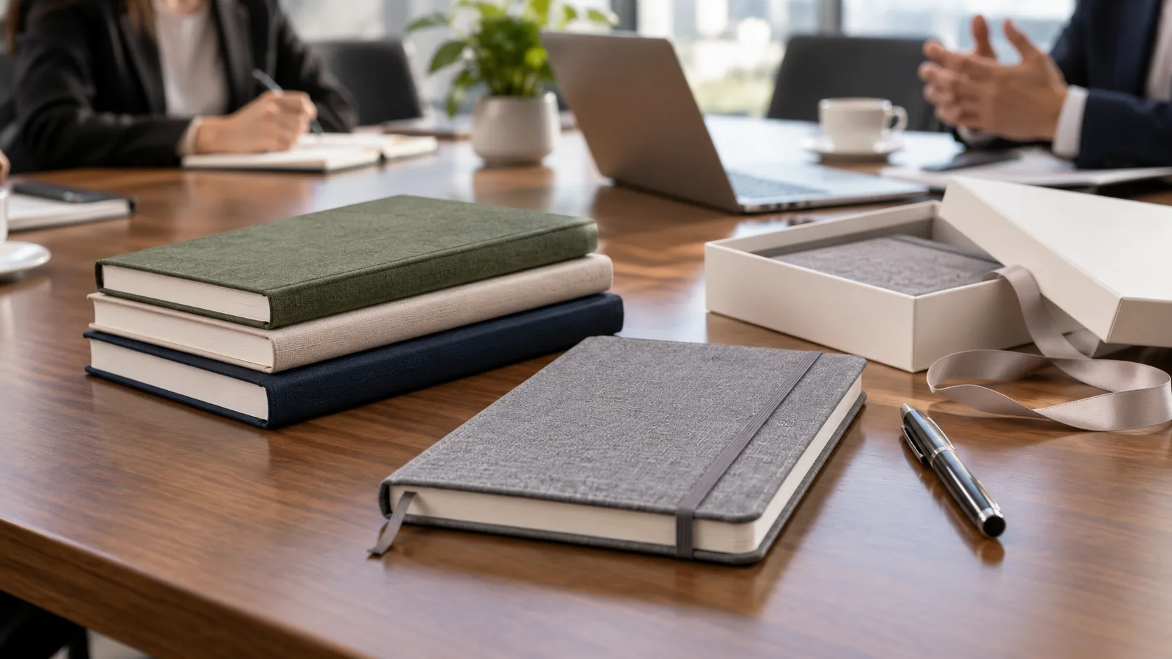Unbranded notebook with premium cover texture and blank gift packaging on a conference table