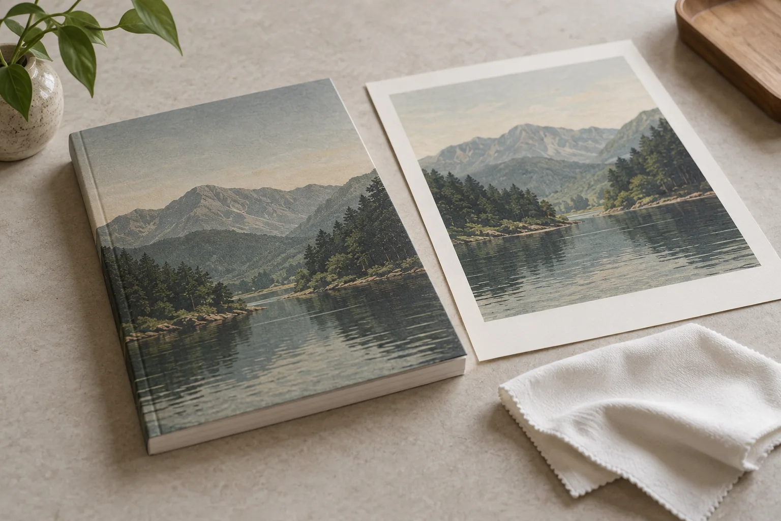 Closed illustrated book beside a matching printed image sheet and a white cloth