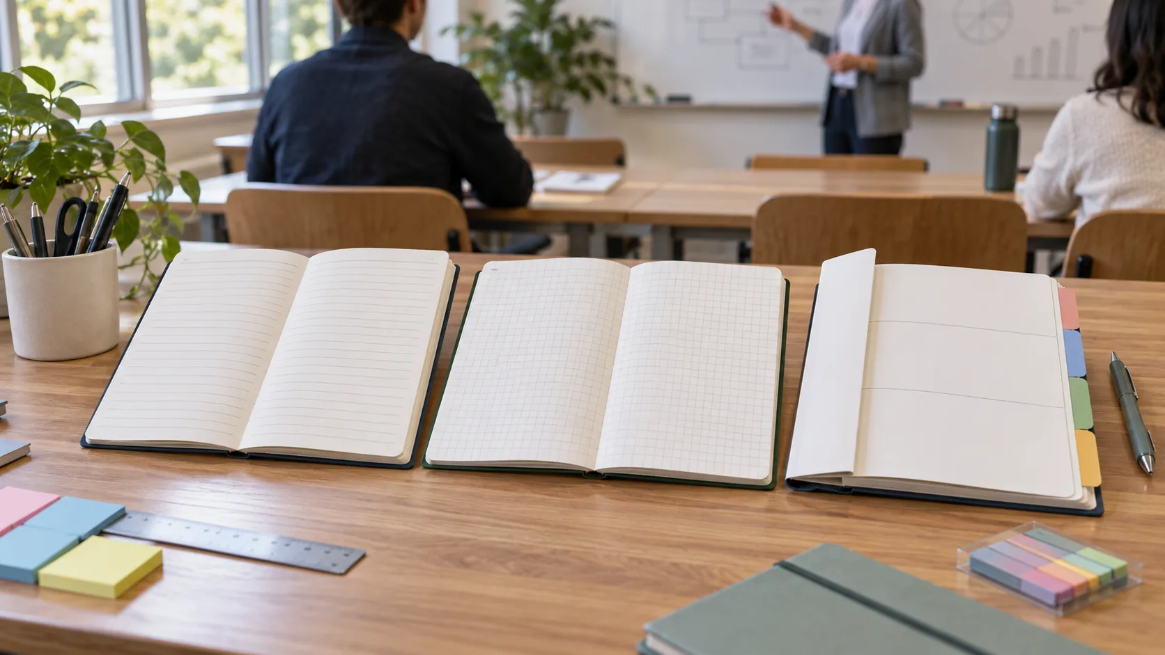 Unbranded training notebooks showing ruled, grid, and sectioned pages on a classroom table