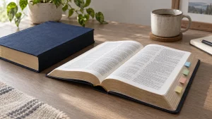 Open navy-covered Bible with colored edge tabs beside a closed Bible on a wooden desk