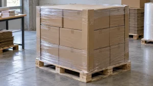Wrapped stack of plain cartons on a wooden pallet in a warehouse-like room