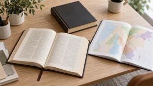 Open Bible and color map spread beside a closed book and paper swatches on a wooden desk