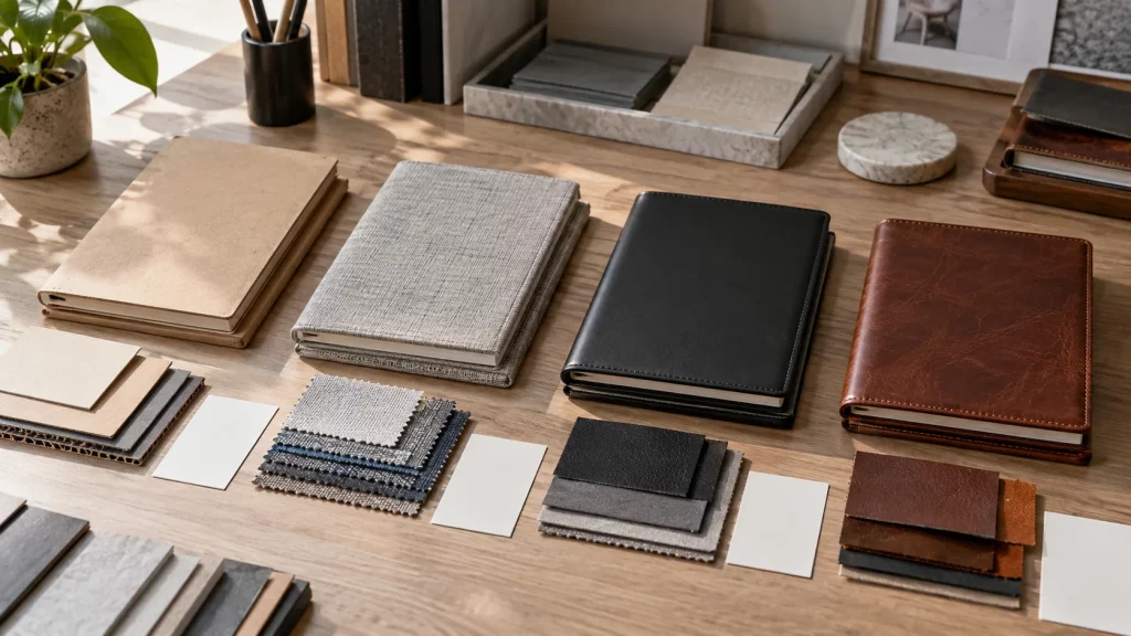 Paper, cloth, PU, and leather notebook cover samples arranged for comparison