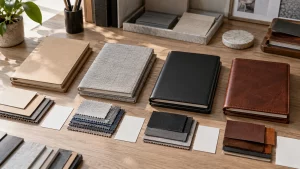 Paper, cloth, PU, and leather notebook cover samples arranged for comparison