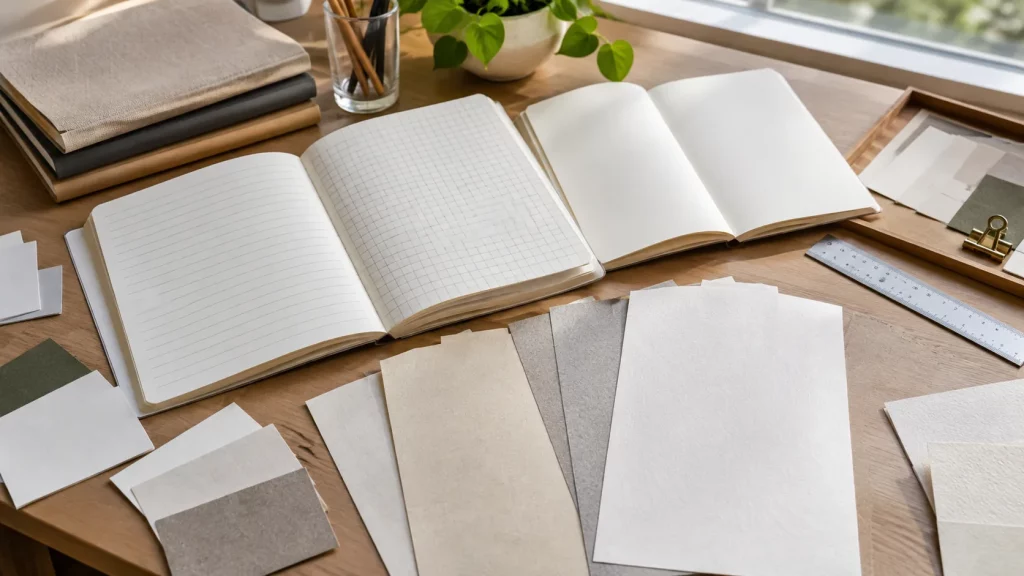 Notebook paper swatches and blank notebooks arranged for a paper selection review